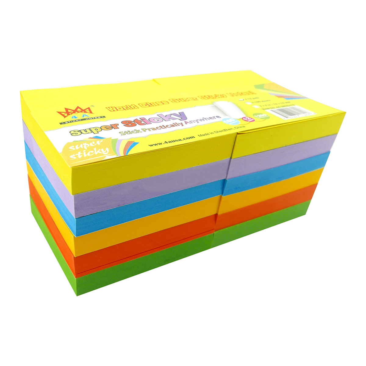 4A Super Sticky Notes,3 x 3 Inches,Extra Bright Colors Assorted,100 Sheets/Pad,12 Pads/Pack,4A 303Sx12