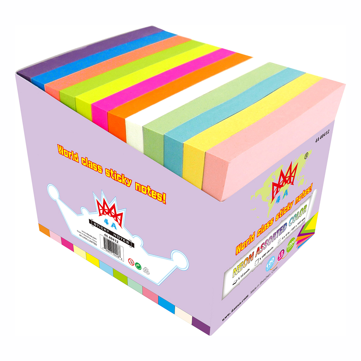 4A Sticky Notes,4 x 4 Inches,Neon Assorted,12 Colors,Self-Stick Notes,100 Sheets/Pad,12 Pads/Pack,4A 40412