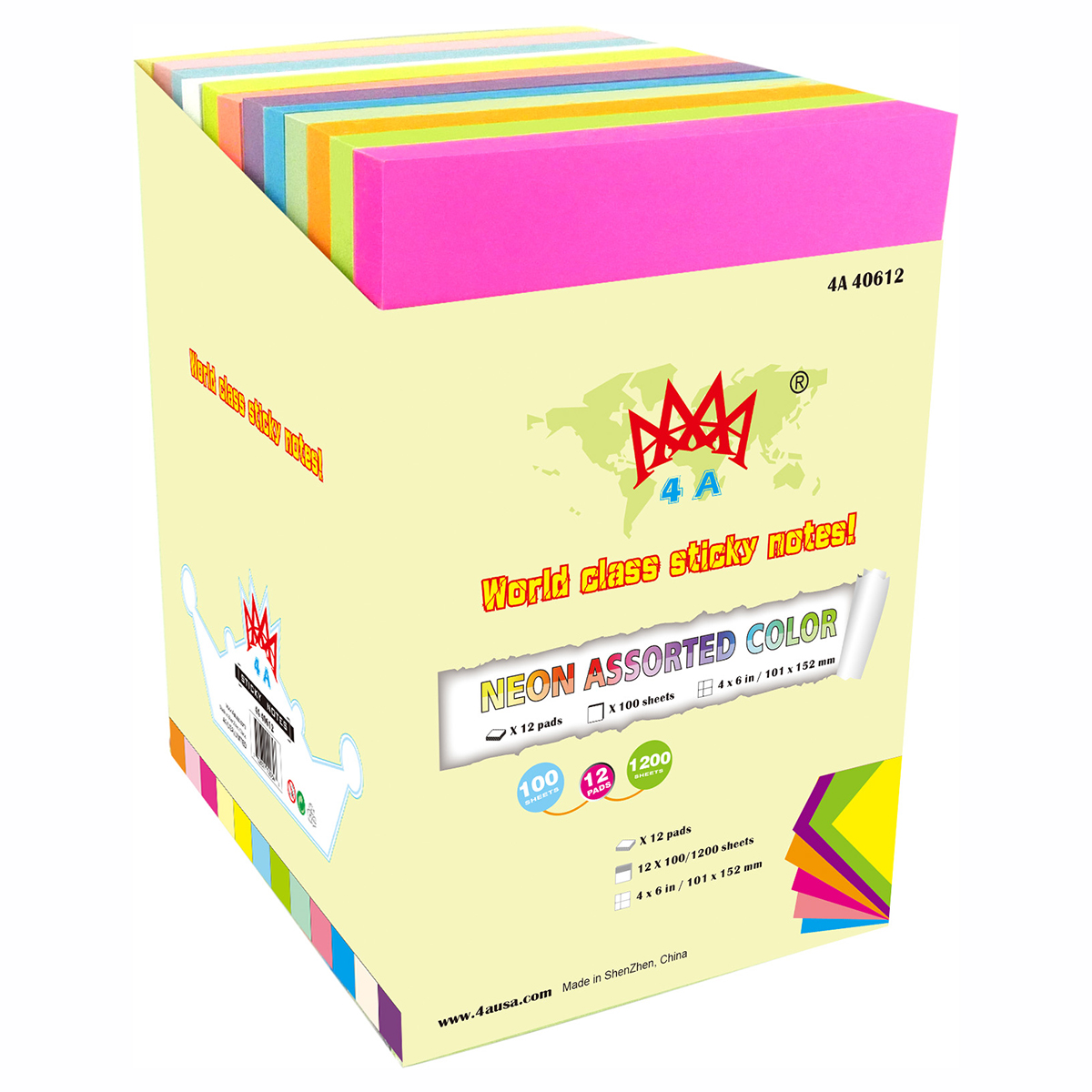 4A Sticky Notes,4 x 6 Inches,Neon Assorted,12 Colors,Self-Stick Notes,100 Sheets/Pad,12 Pads/Pack,4A 40612